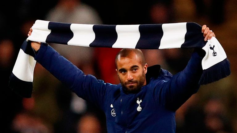 Lucas Moura is presented to fans on the pitch at half-time during the Premier League football match between Tottenham Hotspur and Manchester United