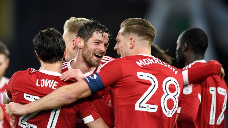 HUDDERSFIELD, ENGLAND - JANUARY 27:  Lukas Jutkiewicz of Birmingham celebrates scoring his side's first goal with team mates during The Emirates FA Cup Fou