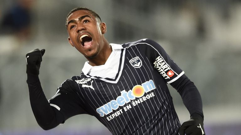 Bordeaux's Brazilian forward Malcom celebrates after scoring a goal during the French L1 football match between Bordeaux (FCGB) and Montpellier on March 18