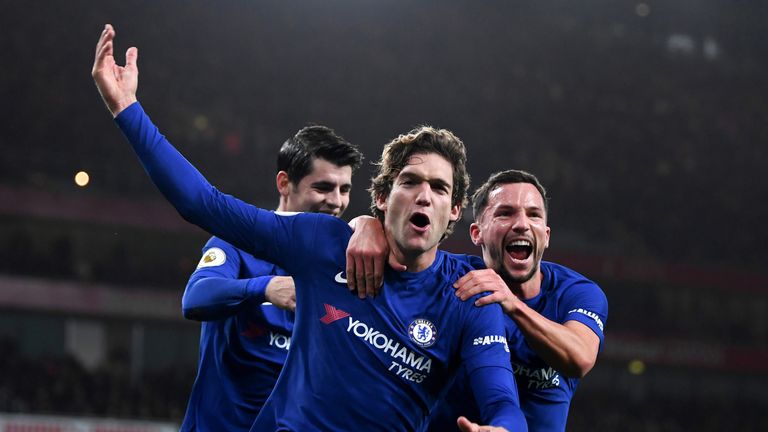 Marcos Alonso celebrates scoring Chelsea's second goal with Danny Drinkwater and Alvaro Morata