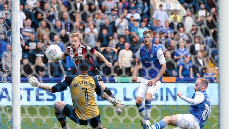 Mark Duffy makes it 2-3 during the Sky Bet Championship match between Sheffield Wednesday and Sheffield United at Hillsborough on September 23, 2017