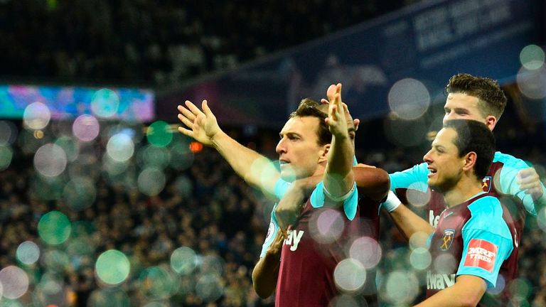 Mark Noble (L) celebrates after equalising from the penalty spot