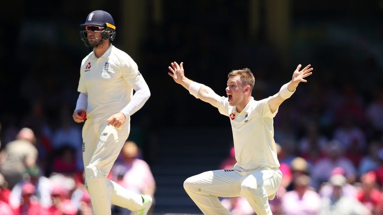 Mason Crane of England appeals for the wicket of Usman Khawaja of Australia during day three of the Fifth Test match