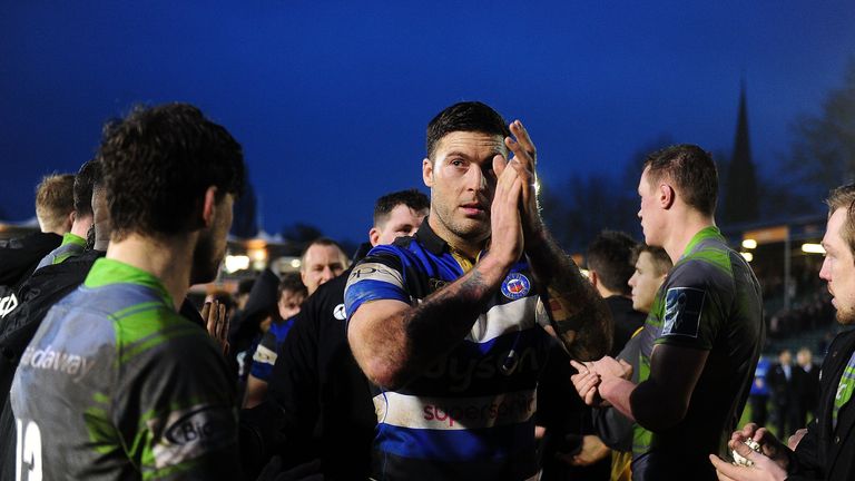 BATH, ENGLAND - JANUARY 27: Matt Banahan of Bath Rugby leads his side off the pitch during the Anglo-Welsh Cup match between Bath and Newcastle Falcons at 