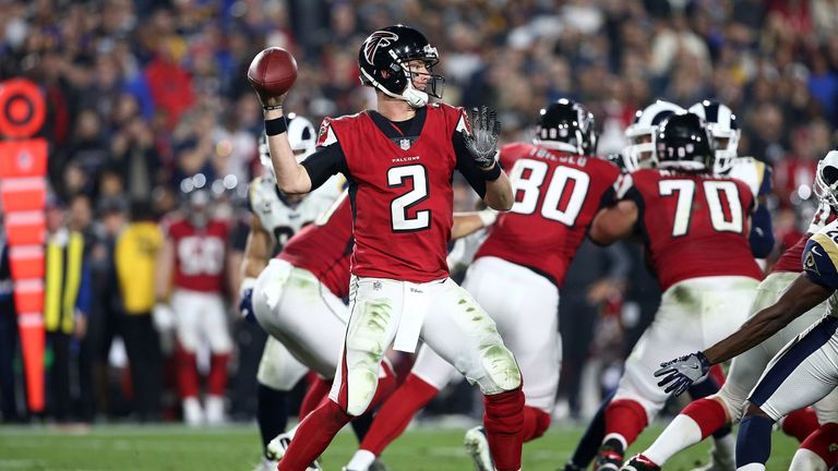 LOS ANGELES, CA - JANUARY 06:  Matt Ryan #2 of the Atlanta Falcons throws a pass during the NFC Wild Card Playoff Game against the Los Angeles Rams at the 