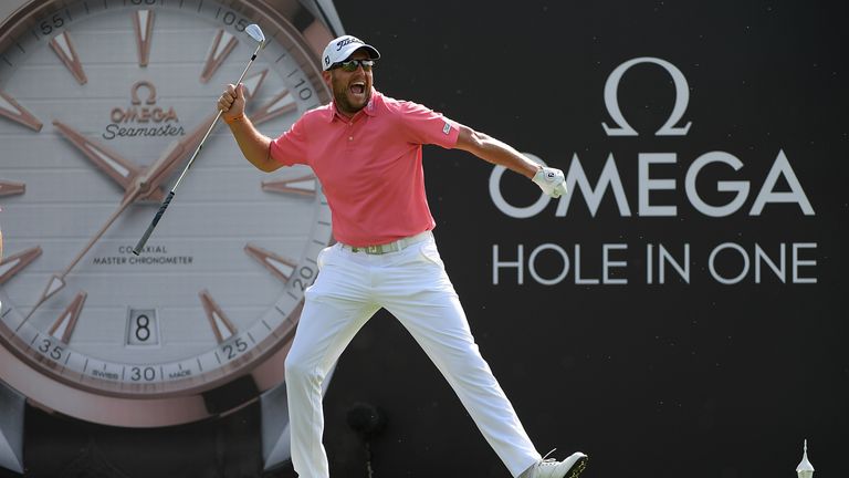 DUBAI, UNITED ARAB EMIRATES - JANUARY 26:  Matthew Southgate of England celebrates a hole in one on the 7th hole during round two of the Omega Dubai Desert