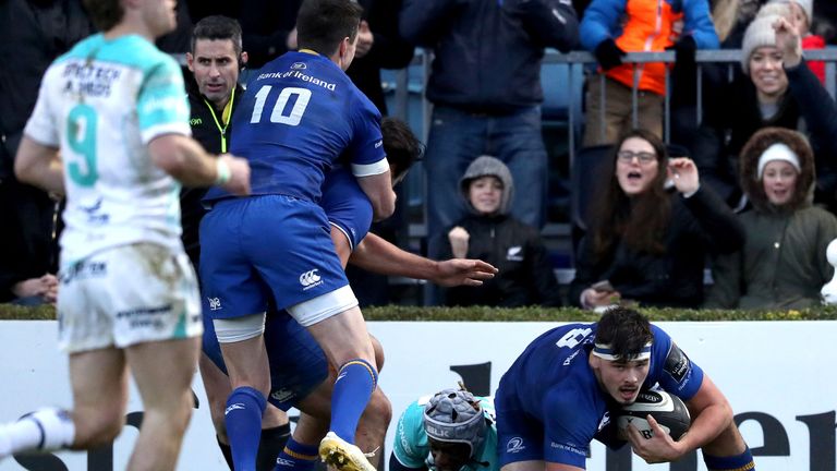 Guinness PRO14, RDS, Dublin 1/1/2018.Leinster vs Connacht.Leinster...s Max Deegan scores a try.Mandatory Credit ..INPHO/Bryan Keane