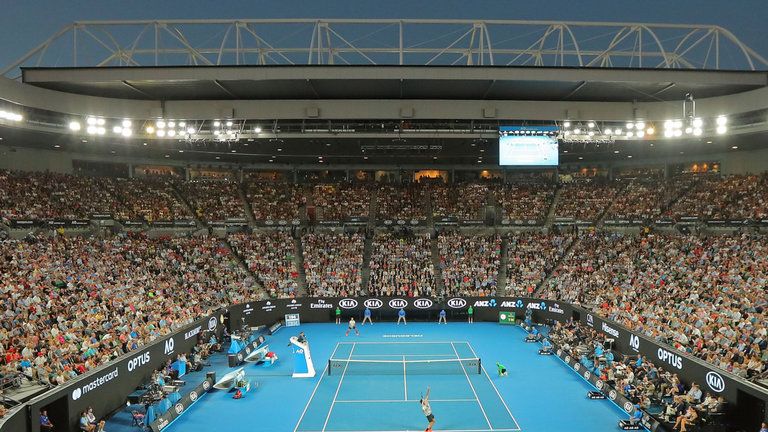  A general view as Roger Federer serves in his Australian Open Men's Final match against Rafael Nadal