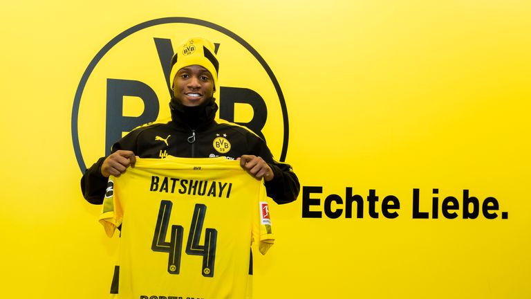 Michy Batshuayi poses after signing a contract to join Borussia Dortmund on loan from Chelsea