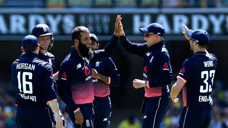 Moeen Ali of England celebrates taking the wicket of David Warner of Australia during game two of the ODI