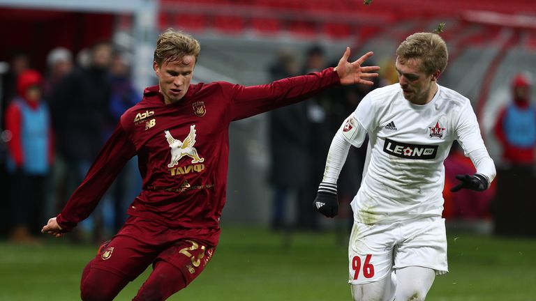 KAZAN, RUSSIA - DECEMBER 09: Moritz Bauer (l) of FC Rubin Kazan vies for the ball with Alksandr Maksimenko SKA Khabarovsk during the Russian Premier League