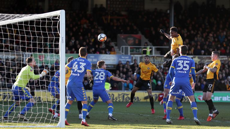 Newport County's Shawn McCoulsky scores the winner against Leeds
