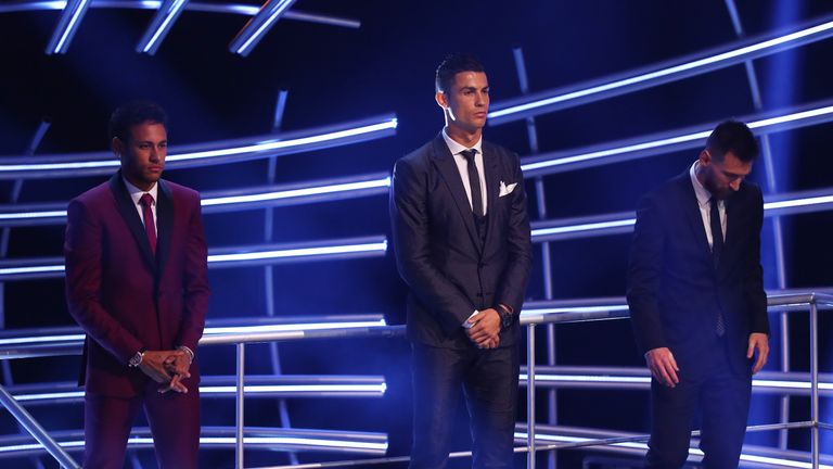 LONDON, ENGLAND - OCTOBER 23:   Lionel Messi, Cristiano Ronaldo and Neymar are named in The Fifa FifPro World XI during The Best FIFA Football Awards Show 
