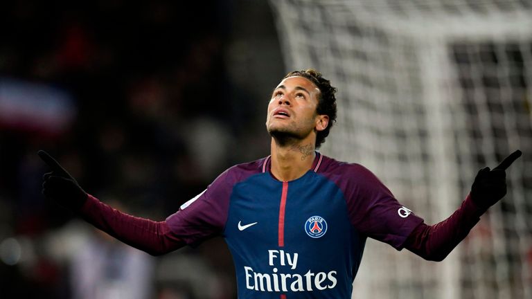 Paris Saint-Germain's Brazilian forward Neymar celebrates after scoring his team's fifth goal during the French L1 football match between Paris Saint-Germa
