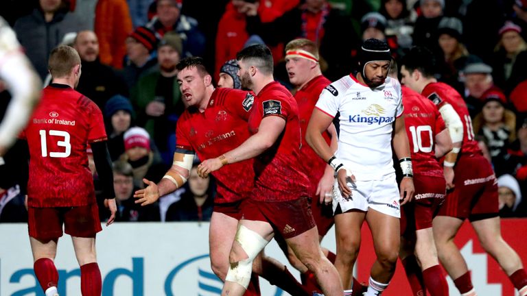 Scannell celebrates as Munster score their second try through another rolling maul 