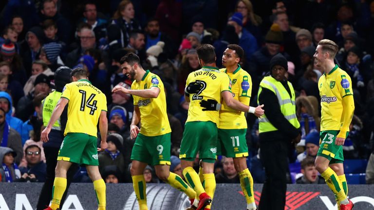 Norwich City celebrate after Jamal Lewis of Norwich City scores his sides first goal during The Emirates FA Cup Third Round 
