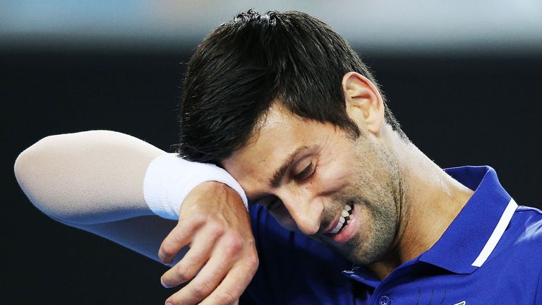 Novak Djokovic of Serbia reacts during the Tie Break Tens ahead of the 2018 Australian Open at Margaret Court Arena