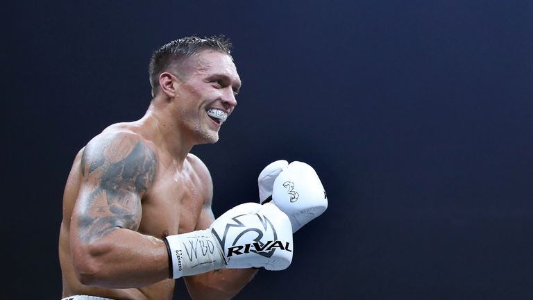 Oleksandr Usyk of Ukraine smiles during the WBO Cruiserweight fight against Marco Huck of Germany on September 9, 2017 in Berlin, Germany