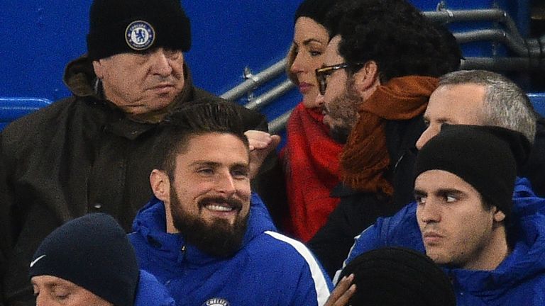 Newly-signed Chelsea striker Olivier Giroud seen before kick off in the match between Chelsea and Bournemouth