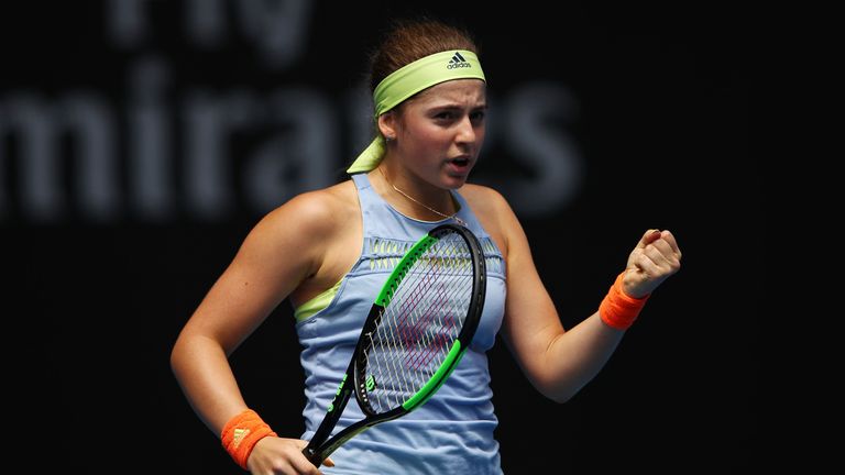 MELBOURNE, AUSTRALIA - JANUARY 15:  Jelena Ostapenko of Latvia celebrates after winning a point in her first round match against Francesca Schiavone of Ita