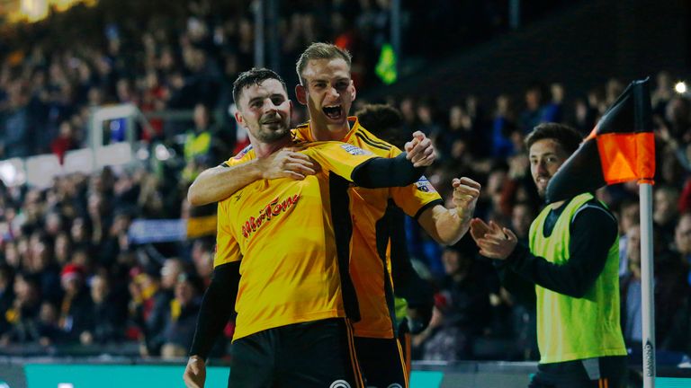 Padraig Amond celebrates with team-mate Mickey Demetriou