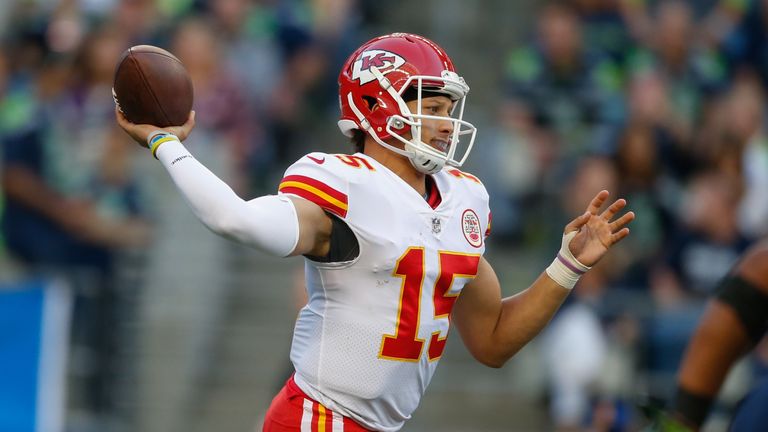 SEATTLE, WA - AUGUST 25:  Quarterback Patrick Mahomes #15 of the Kansas City Chiefs passes against the Seattle Seahawks at CenturyLink Field on August 25, 