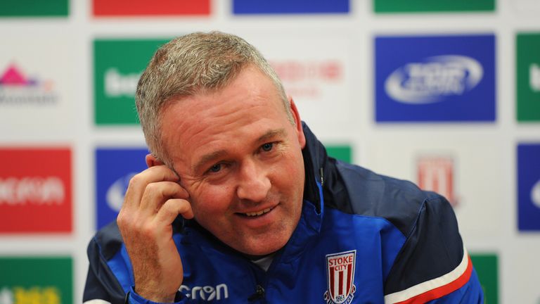 Paul Lambert talks to the media as he is officially unveiled as the new Stoke City manager at the Britannia Stadium
