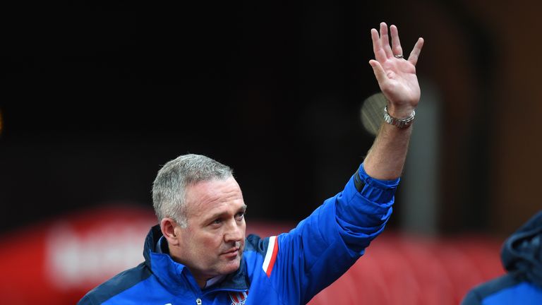 STOKE ON TRENT, ENGLAND - JANUARY 31:  Paul Lambert, Manager of Stoke City shows appreciation to the fans during the Premier League match between Stoke Cit
