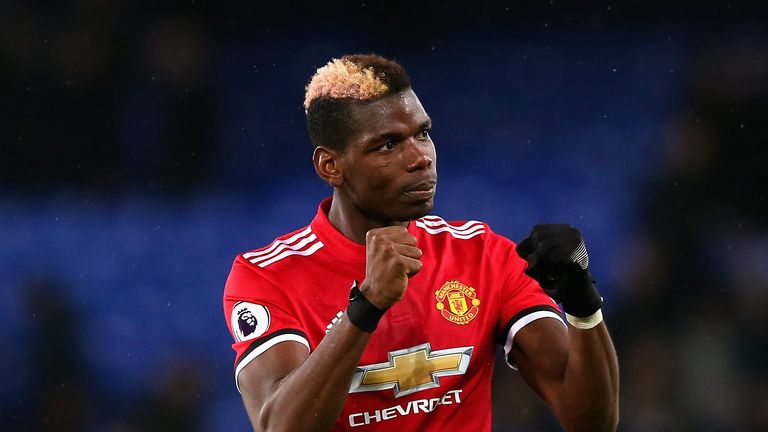 Paul Pogba celebrates the 2-0 away win over Everton at Goodison Park