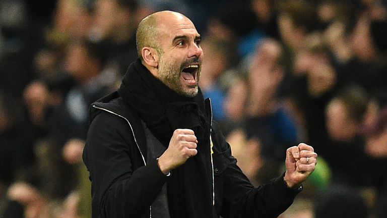 Pep Guardiola celebrates Manchester City's first goal during the Premier League match against Newcastle United