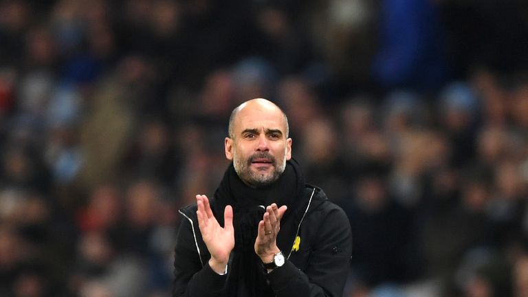 MANCHESTER, ENGLAND - JANUARY 20:  Josep Guardiola, Manager of Manchester City reacts during the Premier League match between Manchester City and Newcastle
