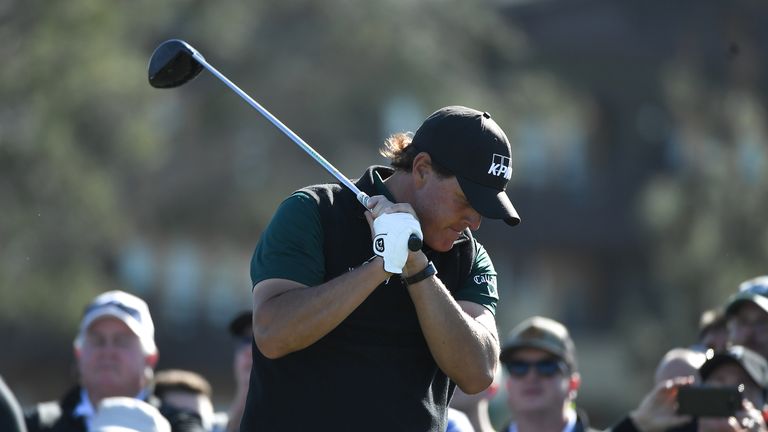 SAN DIEGO, CA - JANUARY 25:  Phil Mickelson reacts after hitting his tee shot on the on the 13th hole during the first round of the Farmers Insurance Open 