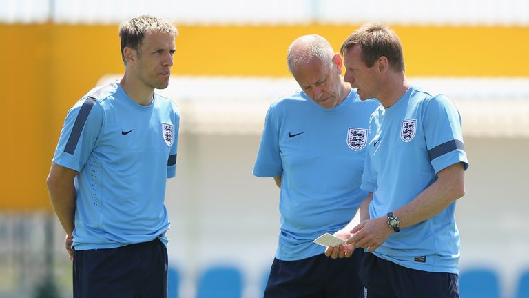 Phil Neville with then-England U21 head coach Stuart Pearce in 2013