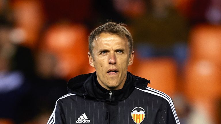 VALENCIA, SPAIN - MARCH 06:  Valencia CF assistant coach Phil Neville looks on prior to the La Liga match between Valencia CF and Atletico de Madrid at Est