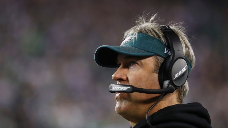 PHILADELPHIA, PA - JANUARY 21:  Head Coach Doug Pederson of the Philadelphia Eagles looks on against the Minnesota Vikings during their NFC Championship ga