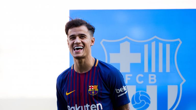 New Barcelona signing Philippe Coutinho during his official presentation at Nou Camp Stadium on January 8, 2018