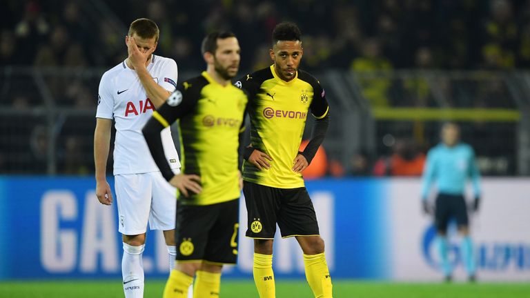 Pierre-Emerick Aubameyang looks dejected during the UEFA Champions League group H match against Tottenham