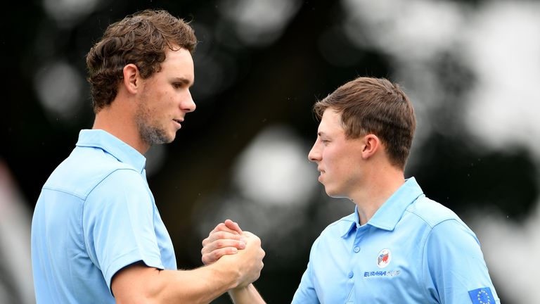 KUALA LUMPUR, MALAYSIA - JANUARY 13:  Matthew Fitzpatrick of Europe and Thomas Pieters celebrate winning their match during the foursomes matches on day tw