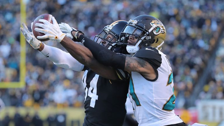 PITTSBURGH, PA - JANUARY 14: Antonio Brown #84 of the Pittsburgh Steelers makes a catch while being defended by A.J. Bouye #21 of the Jacksonville Jaguars 