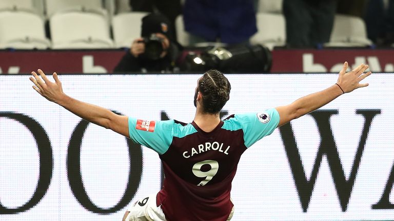 Andy Carroll celebrates after scoring a late winner at the London Stadium
