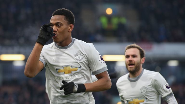 Anthony Martial celebrates his goal at Turf Moor
