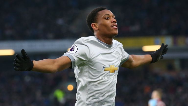 Anthony Martial celebrates after scoring the first goal of the game