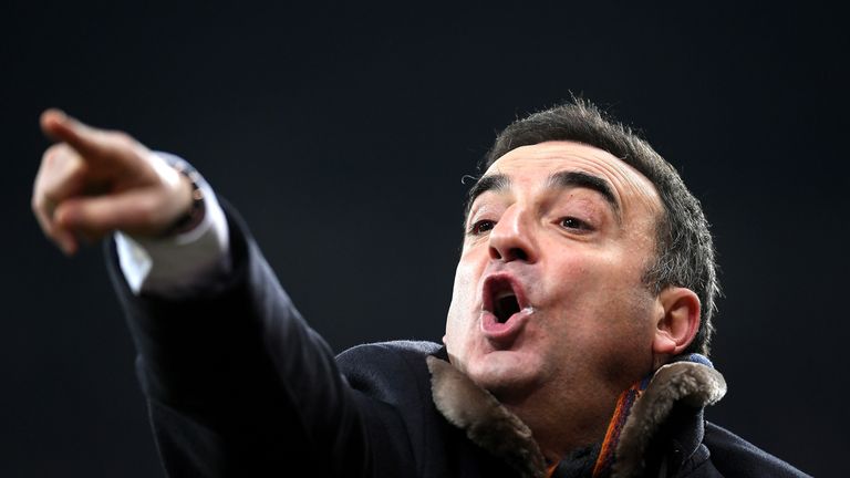 Carlos Carvalhal gives his team instructions during the Premier League match between Newcastle and Swansea City
