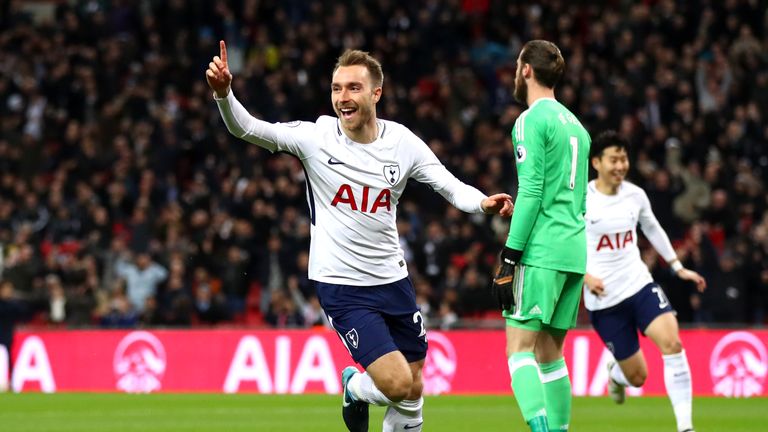 Christian Eriksen celebrates after scoring 11 seconds into the Premier League match against Manchester United