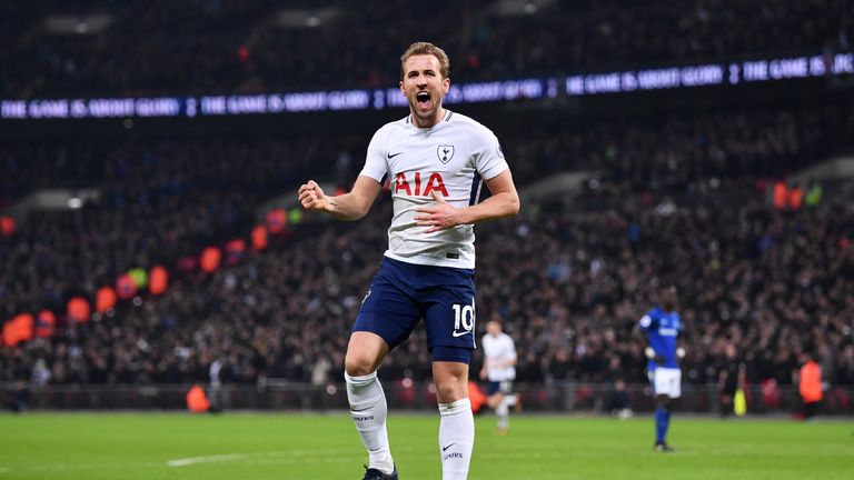 Harry Kane celebrates after scoring Tottenham's third goal 