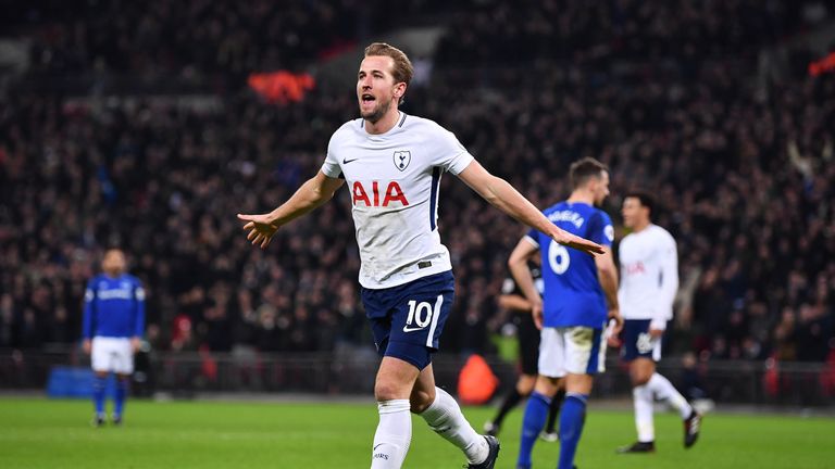 Harry Kane celebrates after scoring Tottenham's third goal 