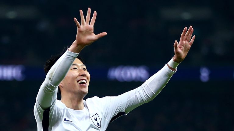 Heung-Min Son celebrates after giving Tottenham a first half lead