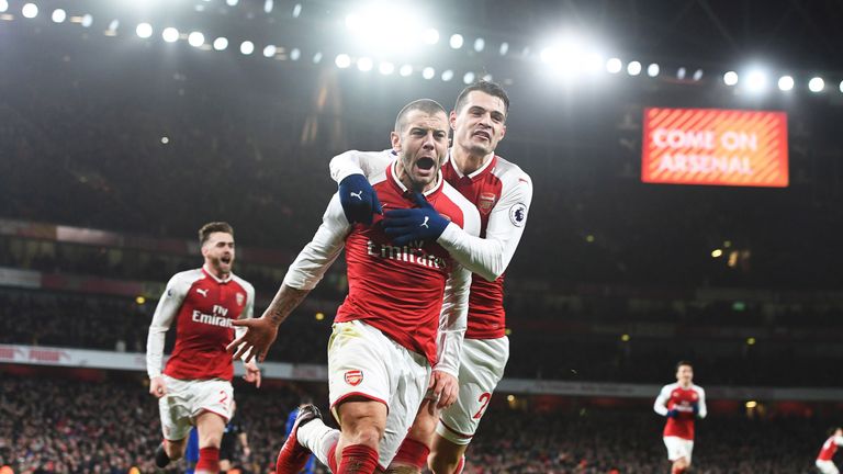 Jack Wilshere celebrates his goal with Grait Xhaka during the Premier League match between Arsenal and Chelsea at Emirates Stadium