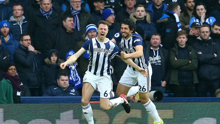 Jonny Evans celebrates after with Ahmed El-Sayed Hegazi after making it 1-0 to West Brom
