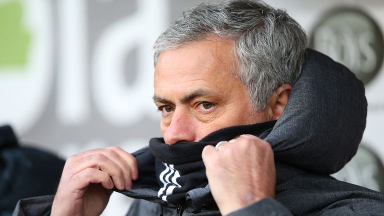 Jose Mourinho keeps warm during the Premier League match between Burnley and Manchester United at Turf Moor